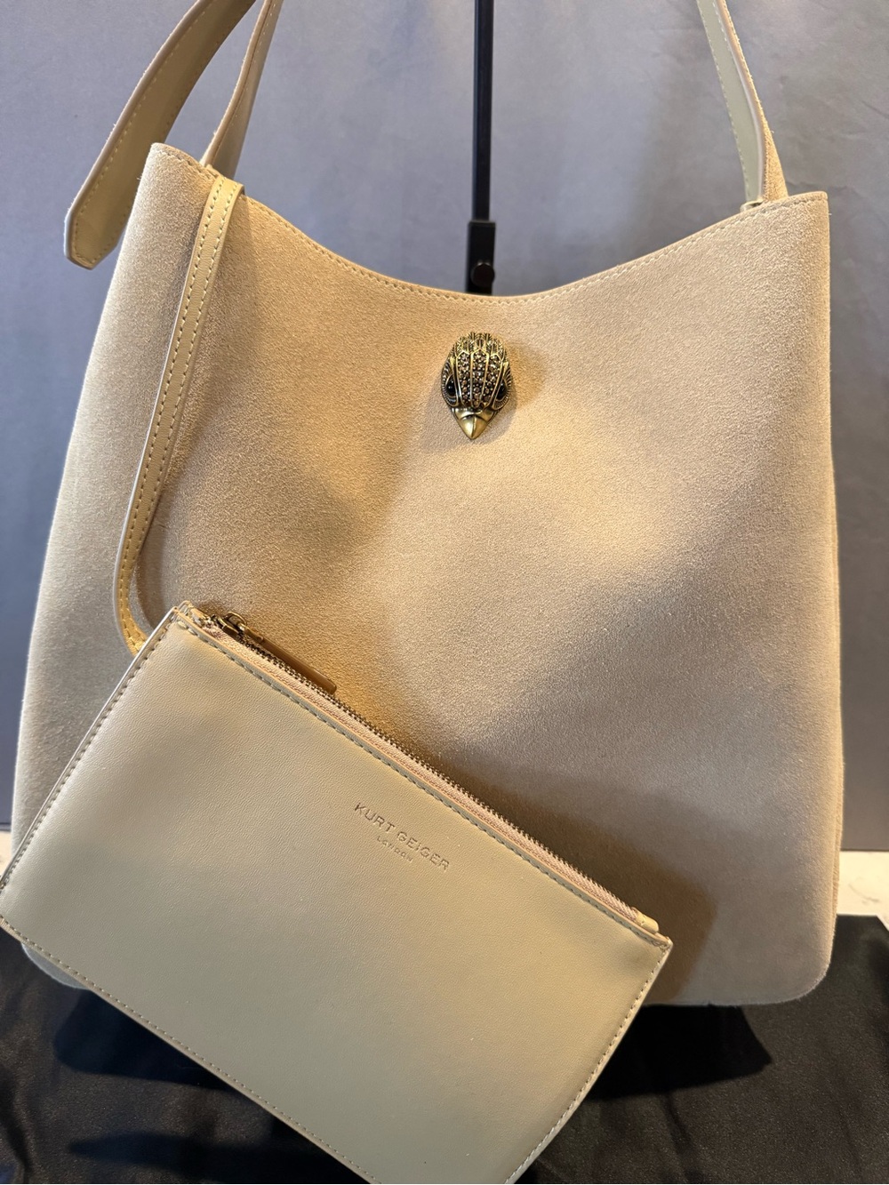 Kurt Geiger Cream Suede Shoulder Bag with Matching Cream Pouch